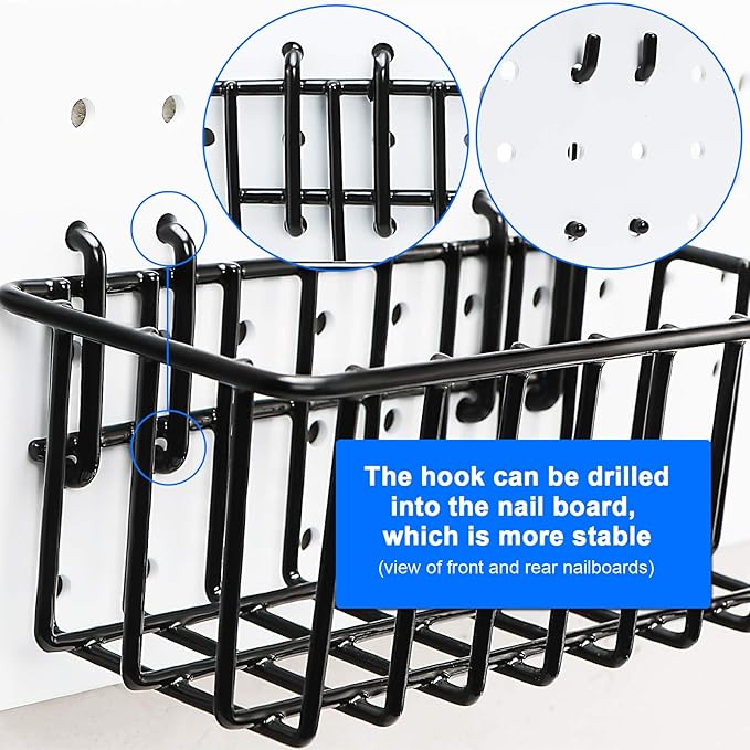 1/4 inch Extra Thick Pegboard Accessories Kit,Only Suitable for 1/4" Pegboard Board,Includes Three Baskets and Multiple Types of Pegboard Hooks,Metal Hooks for Hanging Storage(Black Baskets)