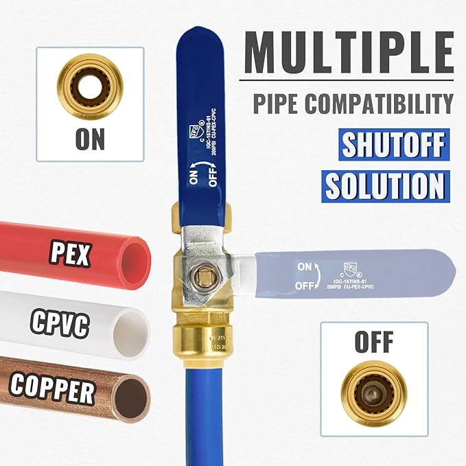 Shut Off Ball Valve 1/2 Inch, SUNGATOR 1/2 Inch Ball Valve, Push-to-Connect Water Shutoff with Blule Handle, No Lead Brass Plumbing Fittings for PEX Pipe, Copper,CPVC, Pack of 1