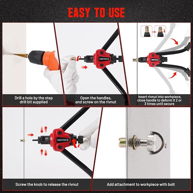 Rivet Nut Tool Kit with a Step Drill Bit, 120 Nutsert, Heavy Duty Rivnut Tool with 8 SAE & Metric Mandrels M5 M6 M8 M10 10-24 1/4-20 5/16-18 3/8-16 in Organized Carrying Case (NT700)