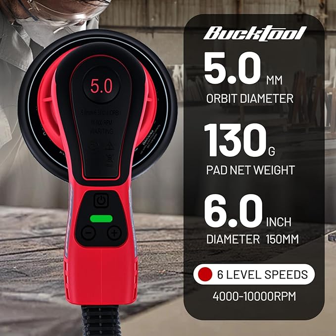 Bucktool 3.0 Amp 6 Inch Orbital Sander Brushless Motor, 4000-10000 Variable Speed, 5mm Orbit Diameter, with Precision Dust Control & 4 Sanding Pads