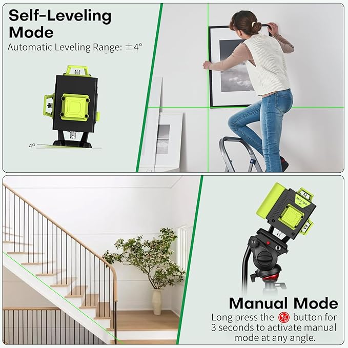 16 Line Laser Level 360 Self Leveling,4x360° Professional 4D Cross Line Green lazer Level with 2 Batteries for Construction and Picture Hanging,Adjustable Brightness Magnetic Bracket,Remote Control