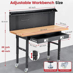 Workbench with Wheels 60 x 22 Inch Adjustable Height Work Table for Garage Heavy Duty Rubberwood Tabletop Work Bench with LED, Drawers, Pegboard, Power Outlets for Office Home Commercial