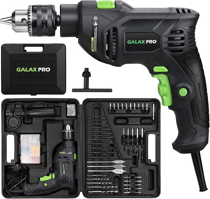 GALAX PRO 5Amp 1/2-inch Hammer Drill with 105pcs Accessories, Variable Speed 0-3000, Hammer and Drill 2 Functions in 1, 360°Rotating Handle, Depth Gauge, Carrying Case Included