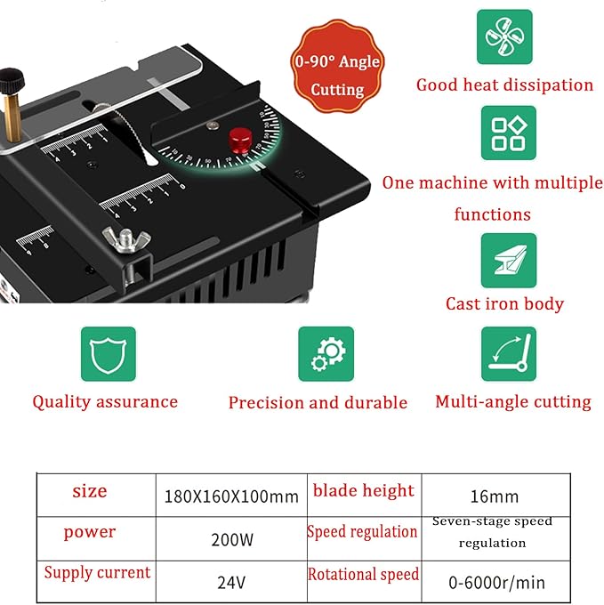 Mini table Saw, 7 Speed Adjustable Power Supply,Multi-Functional mini Table Saw for Crafts, Speed & Angle Adjustable, DIY Machine for Wood,Acrylic,Plastic,PCB cutting