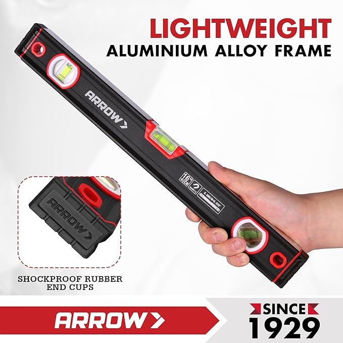 ARROW 3-Piece Spirit Level Set Included 9"/16"/48" Level with 45°/90°/180° Bubbles, Carrying Bag, Aluminum Alloy Body, Precision-Machined Base & Shockproof Rubber End Caps for Construction, Carpentry