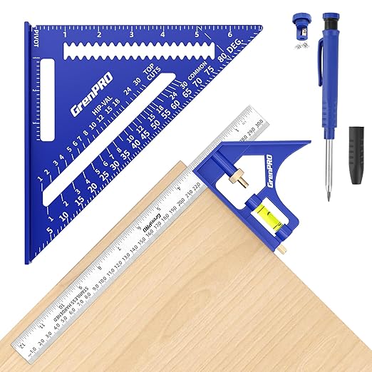 Square Combination Woodworking Tools, 7inch Carpenter Square Wood Working Tools and Accessories, 12inch Square Ruler, Includes 2-in-1 Carpentry Pencil, Protractor Angle Ruler Carpentry Tool