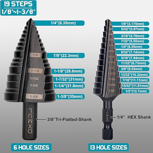 M35 Step Drill Bit Set for Metal, 1/8—1-3/8, 19-Steps, Cobalt Bits, Heavy-Duty for Stainless Steel, Hard Metal, Aluminum, Wood, 2pcs. Z204_205