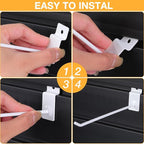 Moxweyeni 100 Pack Slatwall Hooks Slatwall Accessories Slat Wall Hanging Pegboard Hangers Slat Board Display Hooks for Retail Garage Organization Gridwall, White(7.8 Inch)