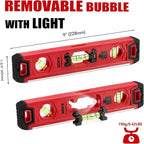 KATA Light-up Torpedo Level Magnetic: 9 Inch Shockproof Small Leveler Tool with 45/90/180 Degree Vials - Removable Line Bubble Spirit Levels For Hanging Pictures, Installing Shelf in Dark Tight Spaces