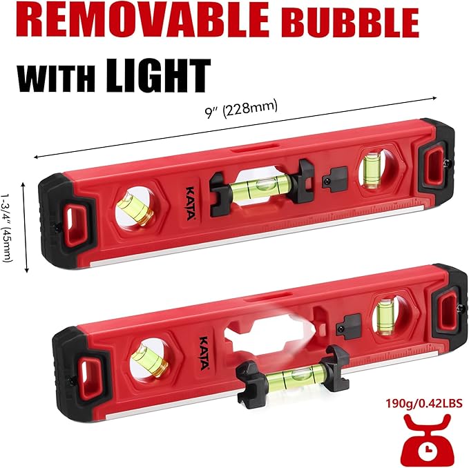 KATA Light-up Torpedo Level Magnetic: 9 Inch Shockproof Small Leveler Tool with 45/90/180 Degree Vials - Removable Line Bubble Spirit Levels For Hanging Pictures, Installing Shelf in Dark Tight Spaces