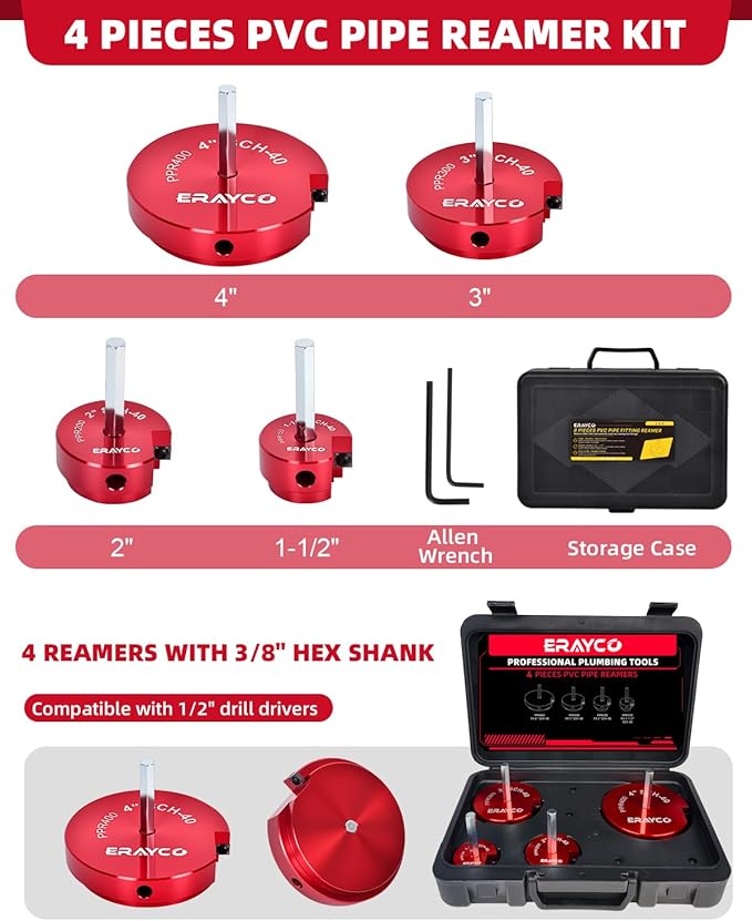 ERAYCO 4PCS PVC Pipe Reamer Kit, Plastic Pipe Fitting Reamer Tool, Fit into Standard 1/2" Drills, PVC Fitting Saver for SCH40 PVC CPVC ABS Pipe (1-1/2'', 2'', 3'', 4'')