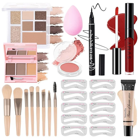 Makeup Kit for Teens Girls, Makeup Present Set for Women, Makeup Full Kit for Beginners, Mini Makeup Bundle Include 7 Latte colors Matte & Shimmer Pigmented Eyeshadow Palette, Eyebrow Powder-VeraVaultWomen