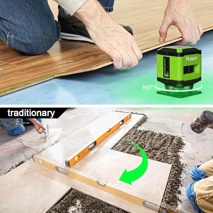 Floor Laser Level for Tile, Huepar 360° Self Leveling Laser Square Level Tile Laying (±1/13 in. at 33 ft) - Floor Laser for Tile Installation/Floor Alignment/Wallpaper - FL360G