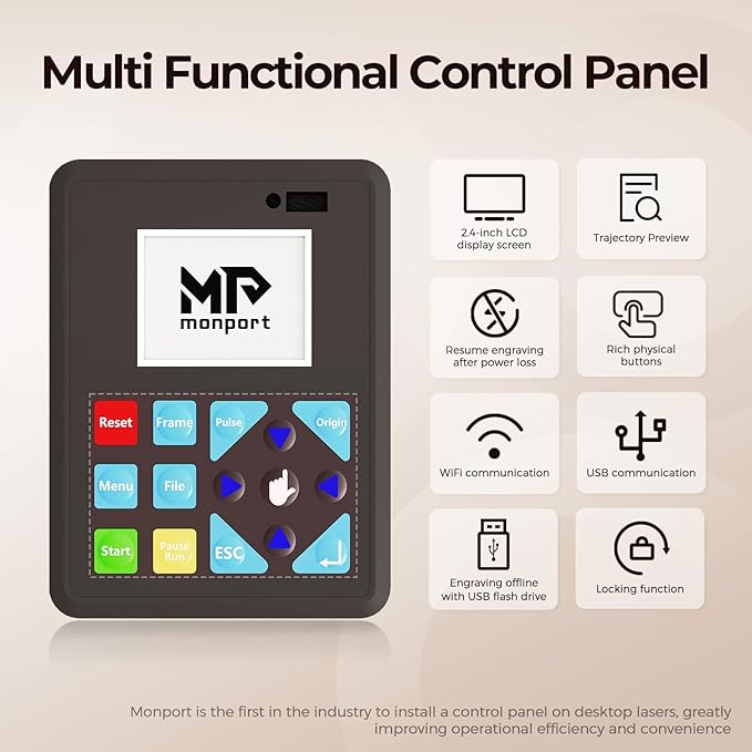 Monport Reno 65W Desktop CO2 Laser Engraver＆Cutter, 16x24 Workbed Laser Engraving Machine with New Semi-Autofocus, 2 Working Platforms, axis Adjustable for Wood Acrylic Glass