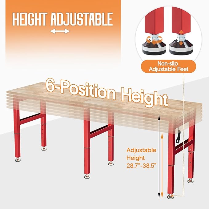 SPECRAFT 84" Red Adjustable Heavy Duty Workbench with 4 AC Outlet and 2 USB Ports Power Outlets, 5000 Lbs Capacity, Rubber Wood Top for Garage, Workshop, Office