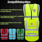 BeautyWill Custom Safety Vest Customized Logo Class 2 High Visibility Reflective Vest with Pockets Construction workwear