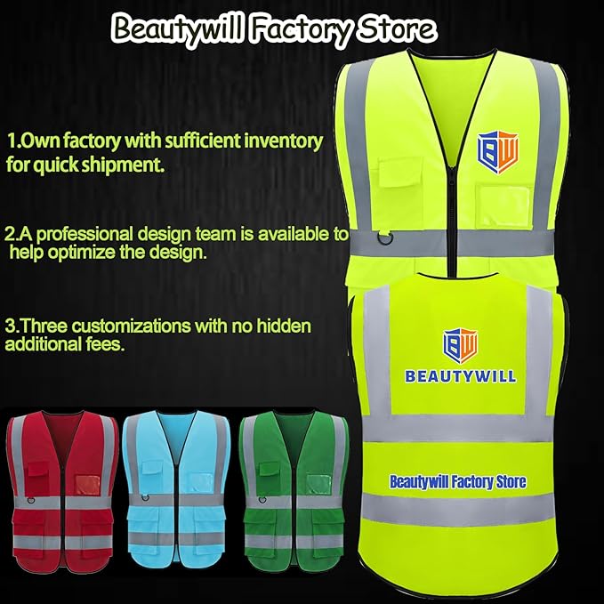 BeautyWill Custom Safety Vest Customized Logo Class 2 High Visibility Reflective Vest with Pockets Construction workwear