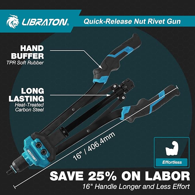 LIBRATON Rivet Nut Tool, 16" Rivnut Tool Kit, Hand Rivet Nut Tool kit with 11PCS Metric & SAE Interchangeable Mandrels, 110PCS Rivet Nuts, Carrying Case, Auto Release Nut Design
