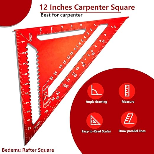 Carpenter Square 12 Inch, Aluminum Rafter Square Carpenter for Woodworking, Sturdy Angle Drawing Measuring Ruler, Layout Tool Alloy Triangle Ruler Protractor for Carpentry, Red