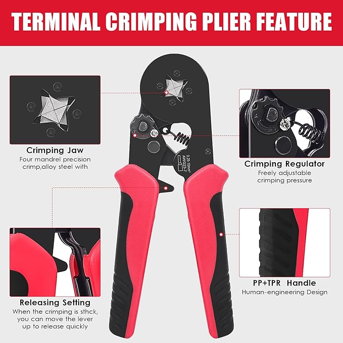 Ferrule Crimping Tool Kit, Square Crimping Tools, AWG 23-7 Self-adjustable Ratchet Wire Crimping Tool Kit Crimper Plier Set with 1200PCS Wire Connectors