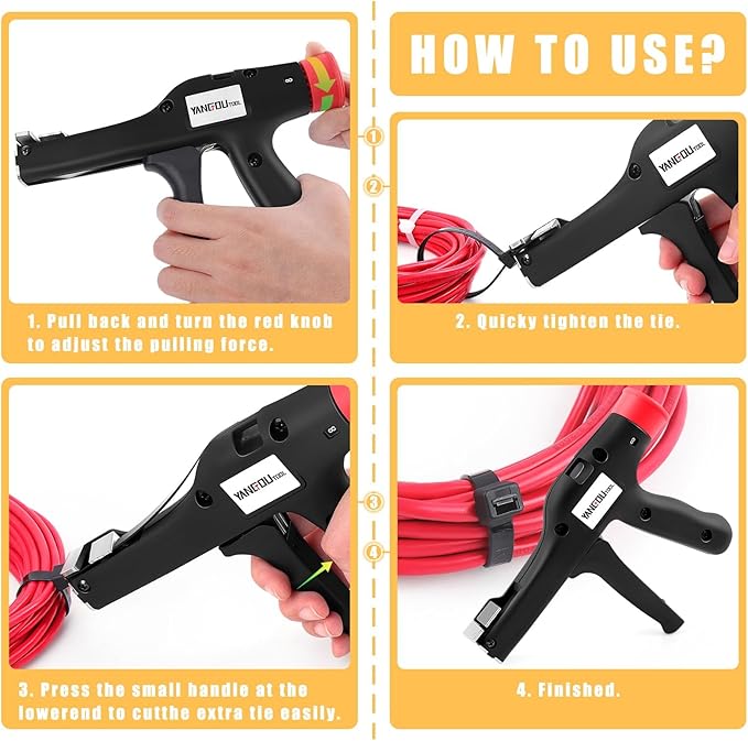 Yangoutool Cable Tie Gun, Fasten and Cut Cables with 16 Adjustable Tension Settings - Fit 2.8mm to 12mm Wide and up to 2mm Thick Nylon Ties