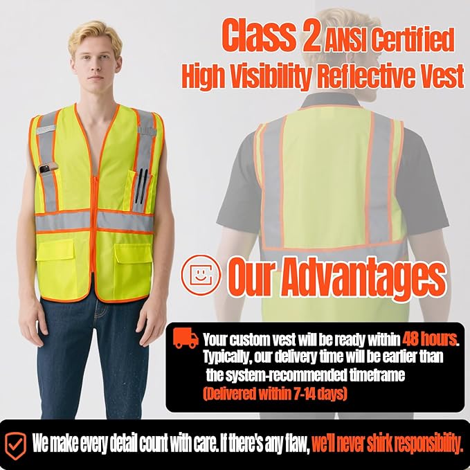 BeautyWill Custom Safety Vest Customized Logo Class 2 High Visibility Reflective Vest with Pockets Construction workwear