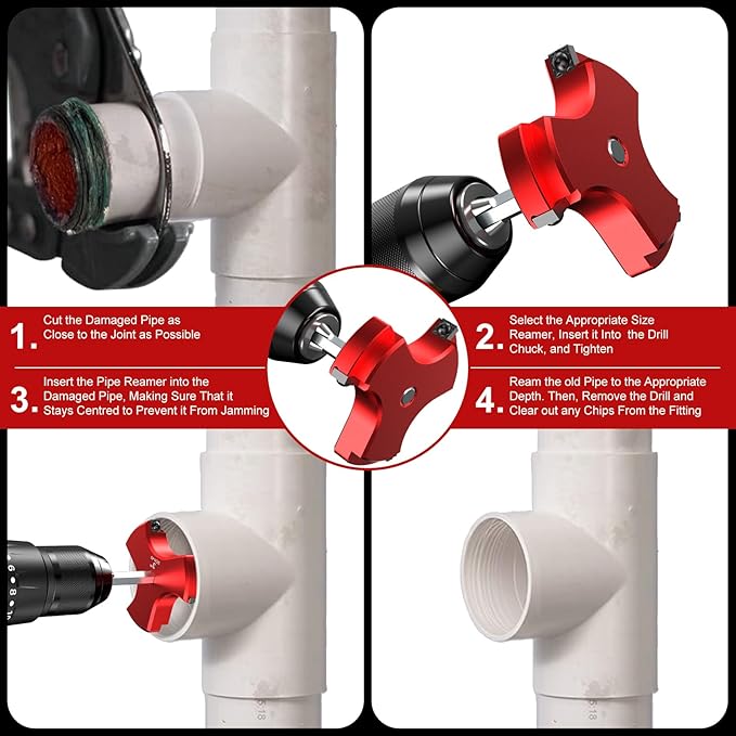 8Pcs Plastic Pipe Reamer Kit - Qoobly PVC Fitting Saver Compatible with 1/2" Drills - Pipe Reamer Tool for SCH40 Includes 1/2'' 3/4'' 1'' 1-1/4'' 1-1/2'' 2'' 3'' 4'' for PVC CPVC ABS Pipes Repairs
