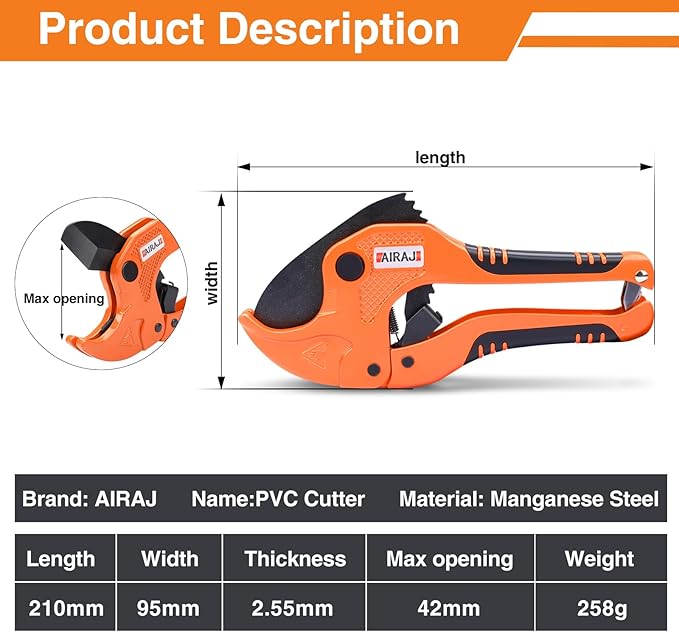 AIRAJ- PVC Pipe Cutter | Cuts up to 1-3/4" (1.75'') | Ratcheting PVC Cutter Tool | PEX Pipe Cutter | V Shaped SK5 Steel Blade | Suitable for PVC/CPVC/PP/PEX/PE Plastic Pipe Cutters