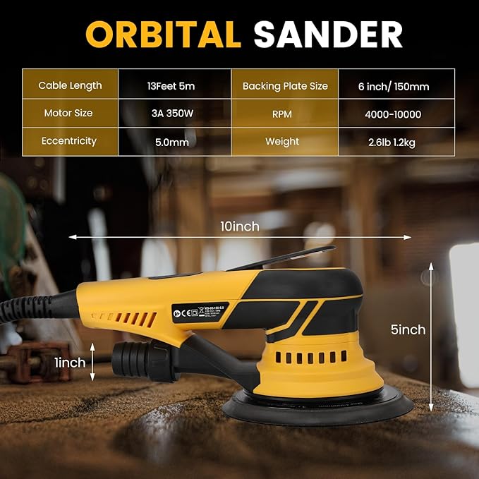 350W 3A Electric Random Orbital Sander with Pluggable Wire, Central Vacuum, Sanders for Woodworking, Primary Wood and Panel Processing