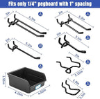 196 PCS Extra Thick Pegboard Hooks Set, Fit 1/4" Peg Board for Hanging Storage, Black Heavy Duty Metal Pegboard Accessories with Pegboard Bins for Garage Wall Organizer