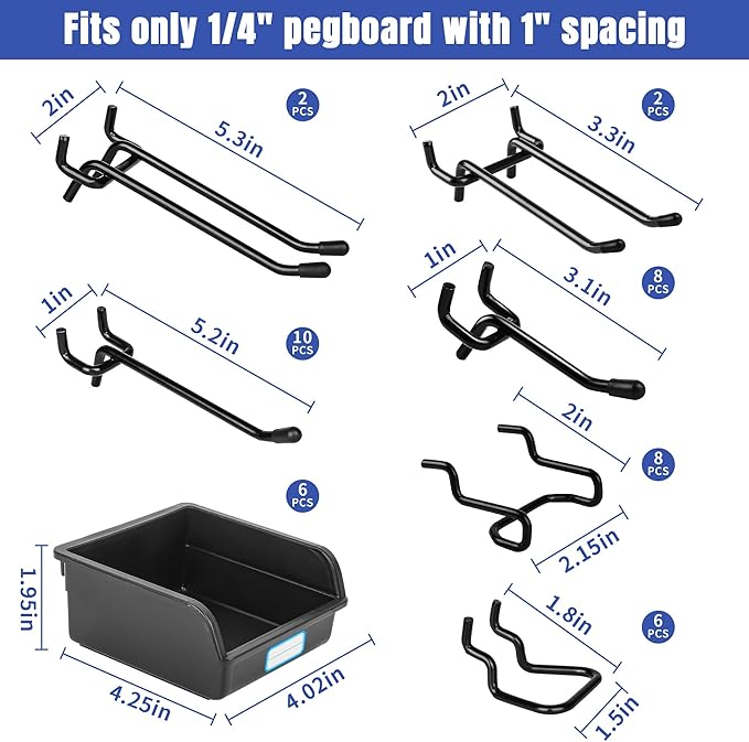 196 PCS Extra Thick Pegboard Hooks Set, Fit 1/4" Peg Board for Hanging Storage, Black Heavy Duty Metal Pegboard Accessories with Pegboard Bins for Garage Wall Organizer