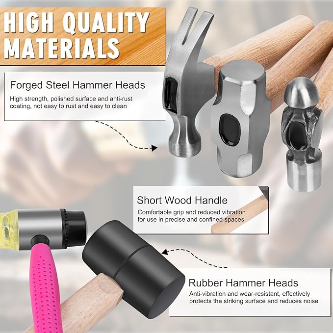 5Pcs Small Hammer Set - 10oz Rubber Mallet Hammer, 18oz Mini Sledge Hammer, 12oz Double-Faced Mallet, 11oz Ball Peen Hammer, 10oz Claw Hammer with Short Wood Handle for Lightweight Home Repair & Craft