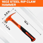 Jorgensen 16 oz Straight Claw Hammer, Rip Claw Hammer with Milled Face & Shock Absorbing Grip, Heavy Duty One-piece Forged Hammer