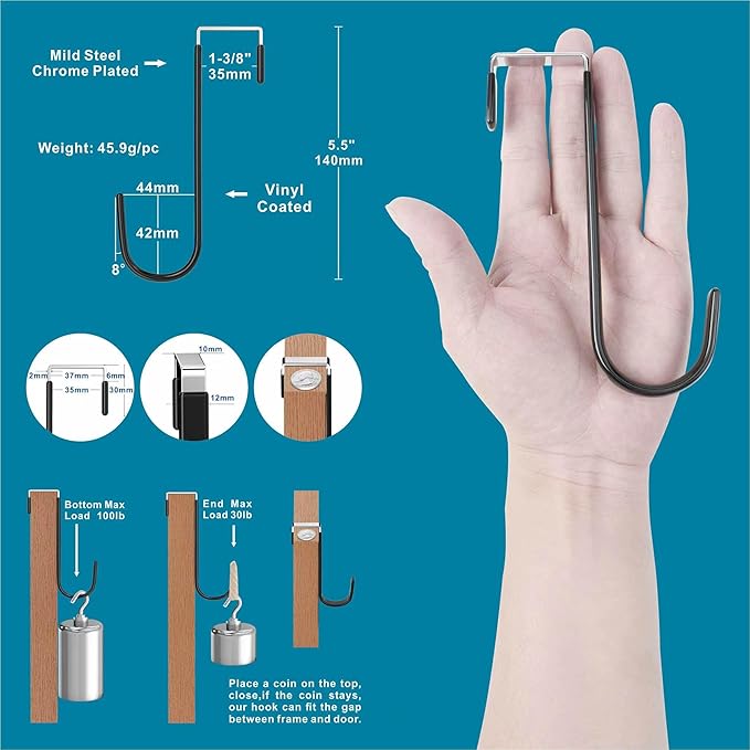 Over The Door Metal Hooks with Plastic Coating 5.5" Fit 0.5" to 1 3/8" Door 4 Pcs Heavy Duty Single Towel Robe Rack Wreath Bathroom Shower Hanger Shoe Organizer Ironing Board Short Black