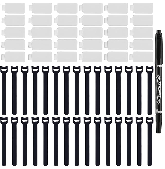 60 Pieces Cable Labels & Reusable Hook and Loop Fastening Ties Set - 30 Pieces Cord or Wire Labels & 30 Pieces Labels for Electronic Cords, Home & Office Cord Management