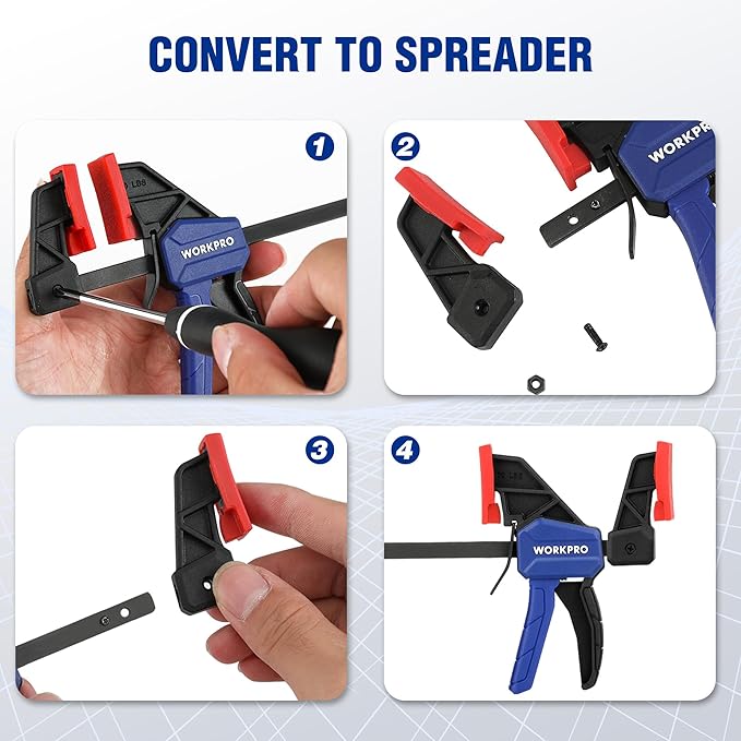 WORKPRO 6" Mini Bar Clamps for Woodworking, One-Handed Clamp/Spreader, Wood Clamps Set, Screw Change F Clamps with 50LBS Load Limit, 4 Pack