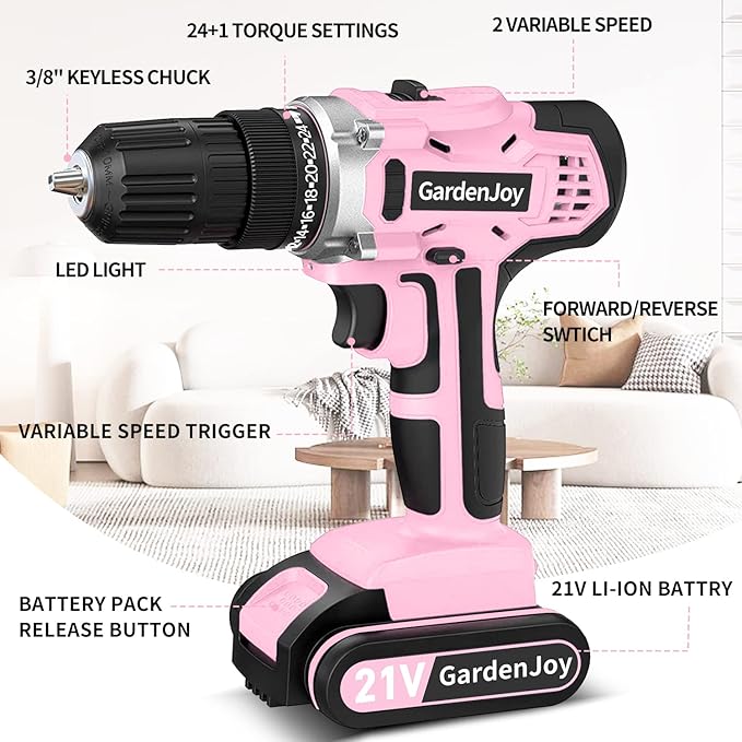 GardenJoy Cordless Power Drill Set - 21V Electric Drill Driver Kit with Battery and Fast Charger, 65pcs Acessories, 2 Variable Speed Control, 3/8-Inch Keyless Chuck and 24+1 Torque Setting