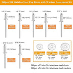 560pcs 304 Stainless Steel Pop Rivets with Washers Assortment Kit,7 Sizes Pop Aluminum Rivets(1/8in 5/32in 3/16in),Assorted Blind Rivets for DIY/Automotive Repairs/Furniture with Labeled Case