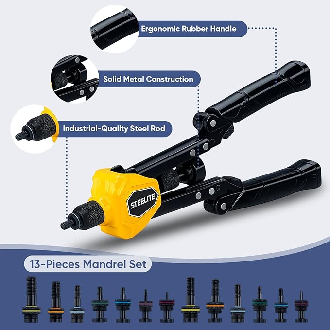 Steelite Foldable Rivet Nut Tool Kit, 15-Inch Rivnut Tool with 13 Metric and SAE Mandrels, Professional Hand Riveter with 105Pcs Rivnuts Assortment Kit
