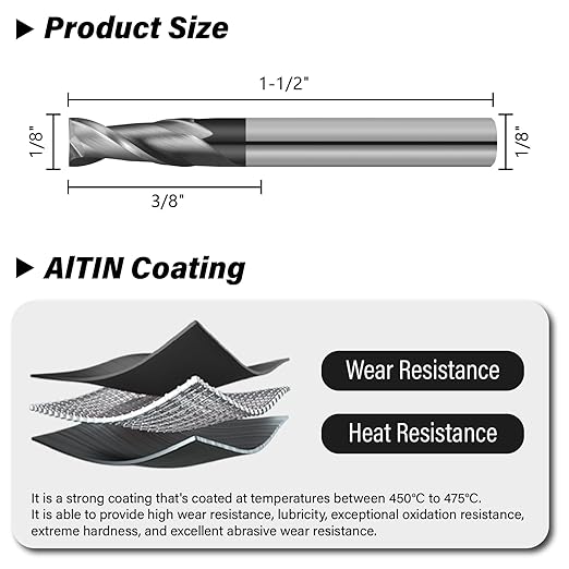 1/8" Micrograin Carbide Square End Mill Set 2 Flute HRC 55 AlTiN Coating End Milling Bits for Milling Alloy Steels, Hardened Steel, CNC Router Bits