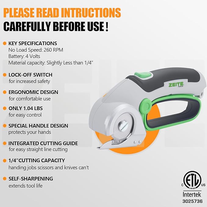 ZEITE 4V Cordless Electric Scissors Cardboard Cutter with 1 x Replace Blade,1 x Storage Box,1 x USB Rechargeable Cable Rotary Cutter for Box Plastic Carpet Cloth, Easy to Hold and Safety,Gray