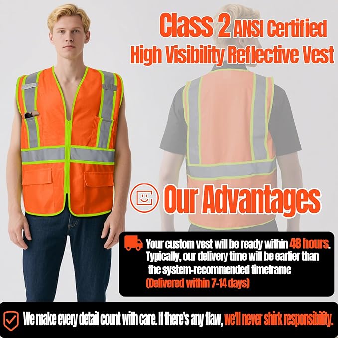 BeautyWill Custom Safety Vest Customized Logo Class 2 High Visibility Reflective Vest with Pockets Construction workwear