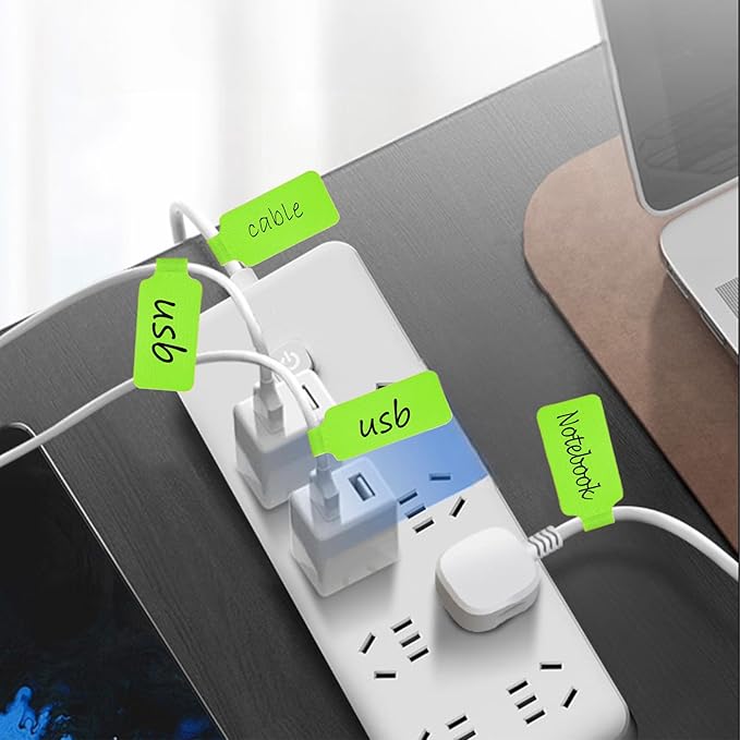 Cable Labels & Reusable Hook and Loop Fastening Ties Set - 30 Pcs Cord or Wire Labels & 30 PiecesCable Tags for Electronics, Home & Office Cord Management (Green and Green)