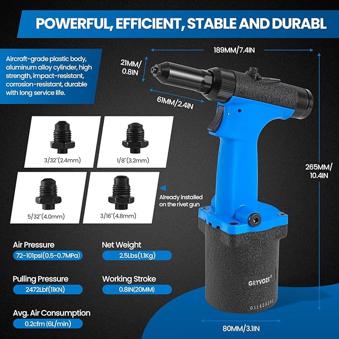 Pneumatic Rivet Gun Air Pop Riveter Tool Kit with 3/32", 1/8", 5/32", 3/16" Rivet Nozzles, Self-Suction Pneumatic Riveting Gun, Upgraded Air Riveter Hydraulic Pop Riveting Rivets Tool