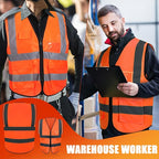 15 Pack Reflective Safety Vests with Pockets and Zipper High Visibility Vest Construction Work Vest for Men Women(Orange Red, Large)