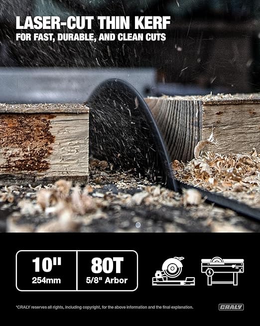 CRALY 10 Inch 80 Teeth Ultra Fine Finish Wood Cutting Circular Saw Blade, 5/8 Inch Arbor, Carbide Tipped, Thin Kerf, Black Ice Coating, for Wood Cutting Table Saw, Miter Saw(C1080FF)