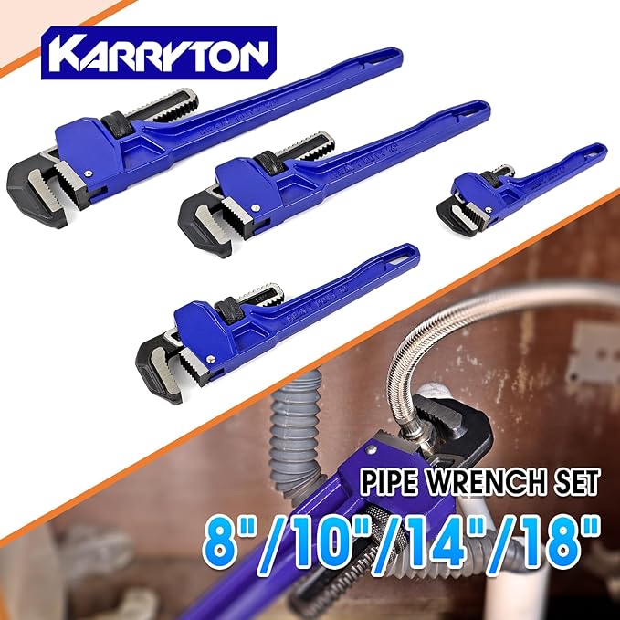 Pipe Wrench set,8" 10" 14" 18" Adjustable Jaw Opening Cast Iron Straight Handle Plumbing Wrench, Perfect Plumbers Tool for Oil Field, Plumbing, Auto Repair, Construction and Mechanics