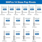 smseace 900Pcs Pop Rivets Assortment Kit Packed in Handheld Box 14-Sizes (3/32 inch1/8 inch5/32 inch3/16 inch1/4 inch) Assorted Blind Rivets for Metal,Furniture,Automotive,Instrument