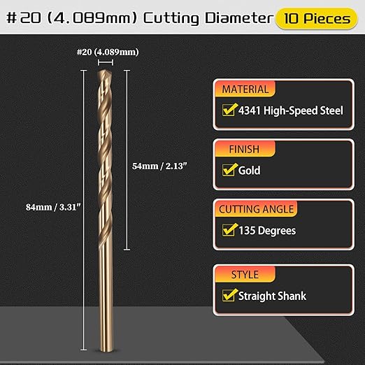 Drill Bit, #20 Cutting Diameter, 4341 HSS Gold Finish 135° Cutting Angle Number Jobber Bits - (Applications: for Drilling Soft Metal Plastic Wood), 10-Pieces