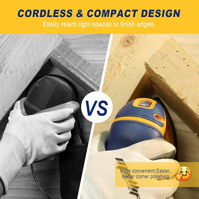 Cordless Detail Sander Compatible with Dewalt 20v Max Battery, 1.9Amp, Dust Collector, Brushless 12,000 OPM Speed, Compact Soft Palm Grip, 10pcs Sanding Pads, 2.0Ah Charger & Battery Kit